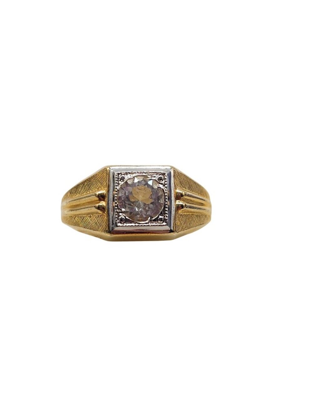 Vintage Karatclad Mens Ring With Clear Stone 18K HGE Marked Size 9.75 Textured